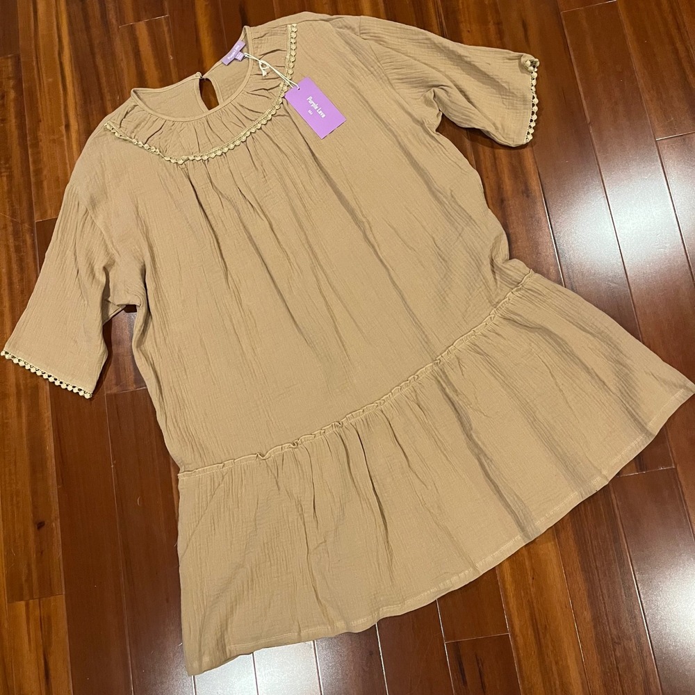 Gauze Babydoll Mini Dress Crochet Trim Tan Beige Short Sleeve Purple Lava New L